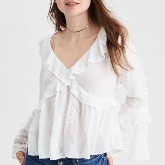 American Eagle Outfitters Tops - American Eagle White ruffle and dot blouse